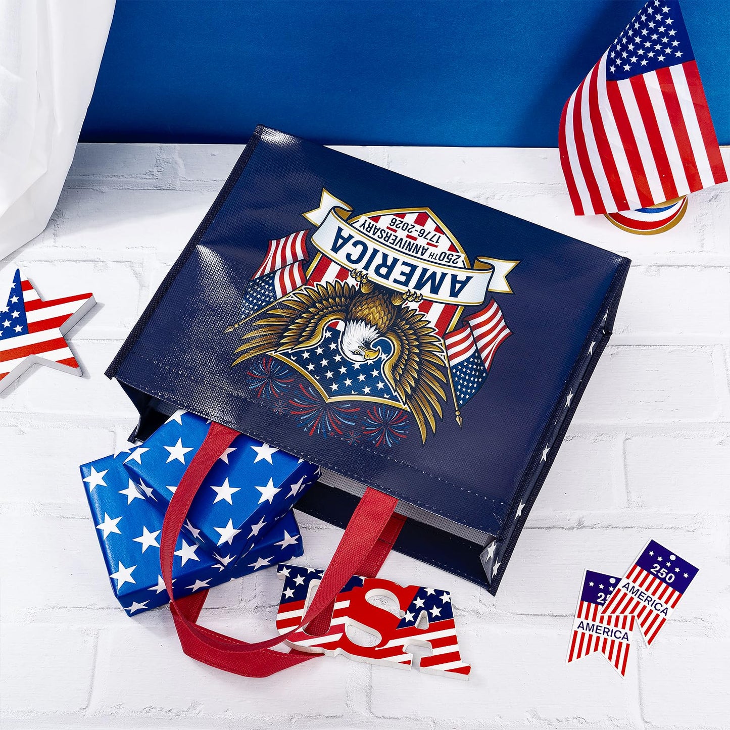 Loveinside 13" Large Patriotic Reusable Gift Bag, Red White Blue Recycled Gift Bag for Independence Day, July 4th