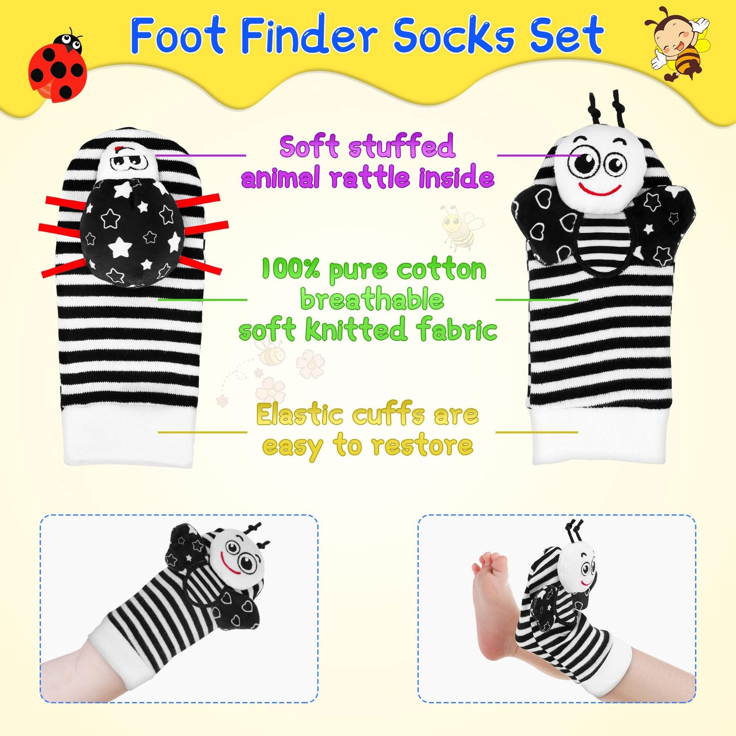 Baby Toys 0-6 Months - High Contrast Wrist Rattle Foot Finder Socks Set for 3 Month Baby Toys Infants, Soft Plush Sensory Rattles for Newborn Boys Girls Essentials Shower Gifts