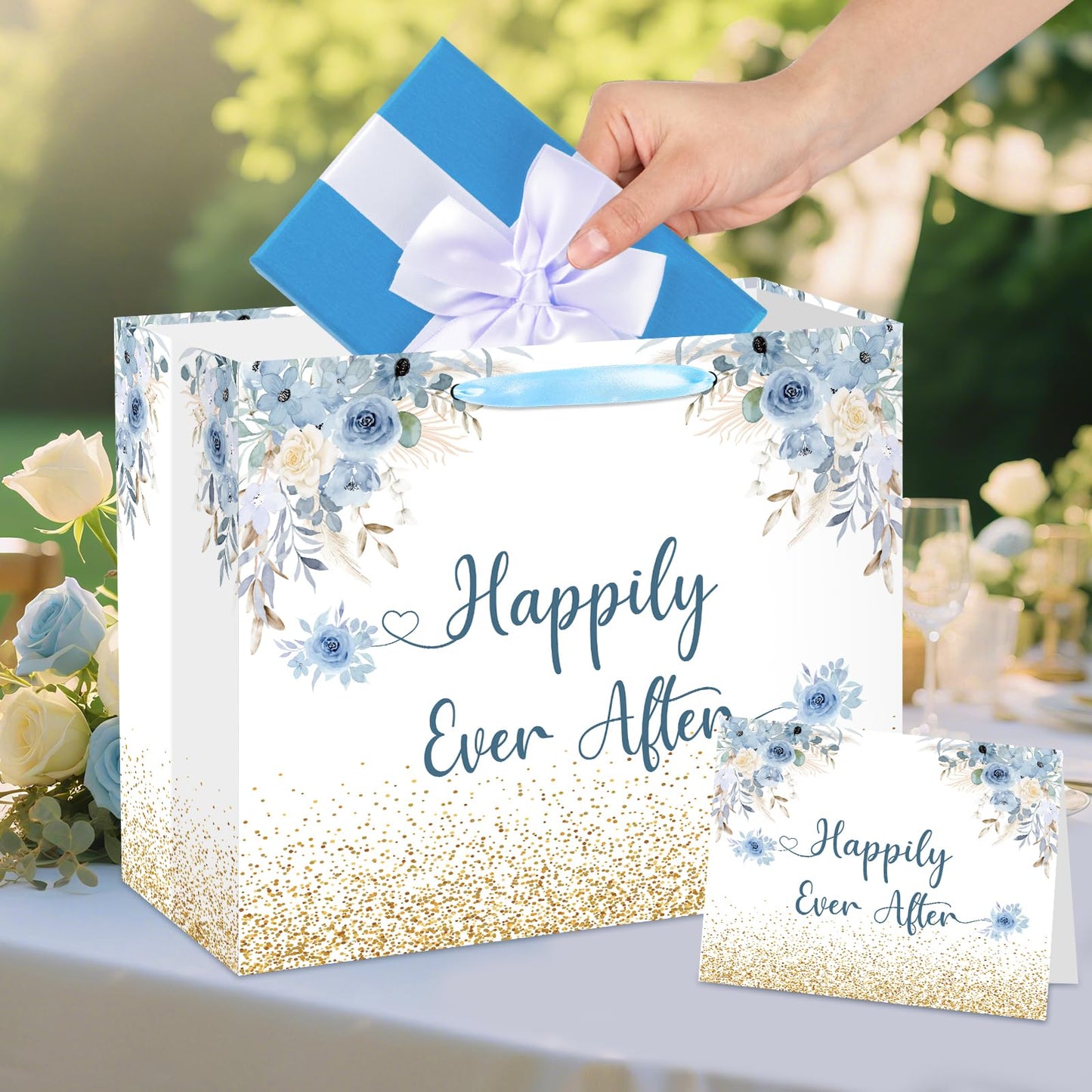 Wedding Gift Bag Bridal Shower Gift Bag with Tissue Paper and Card Engagement Bride to Be Paper Bags Happily Ever Life Wedding Wrapping Paper for Bride to Be Engage Bachelorette Party Supplies Decor