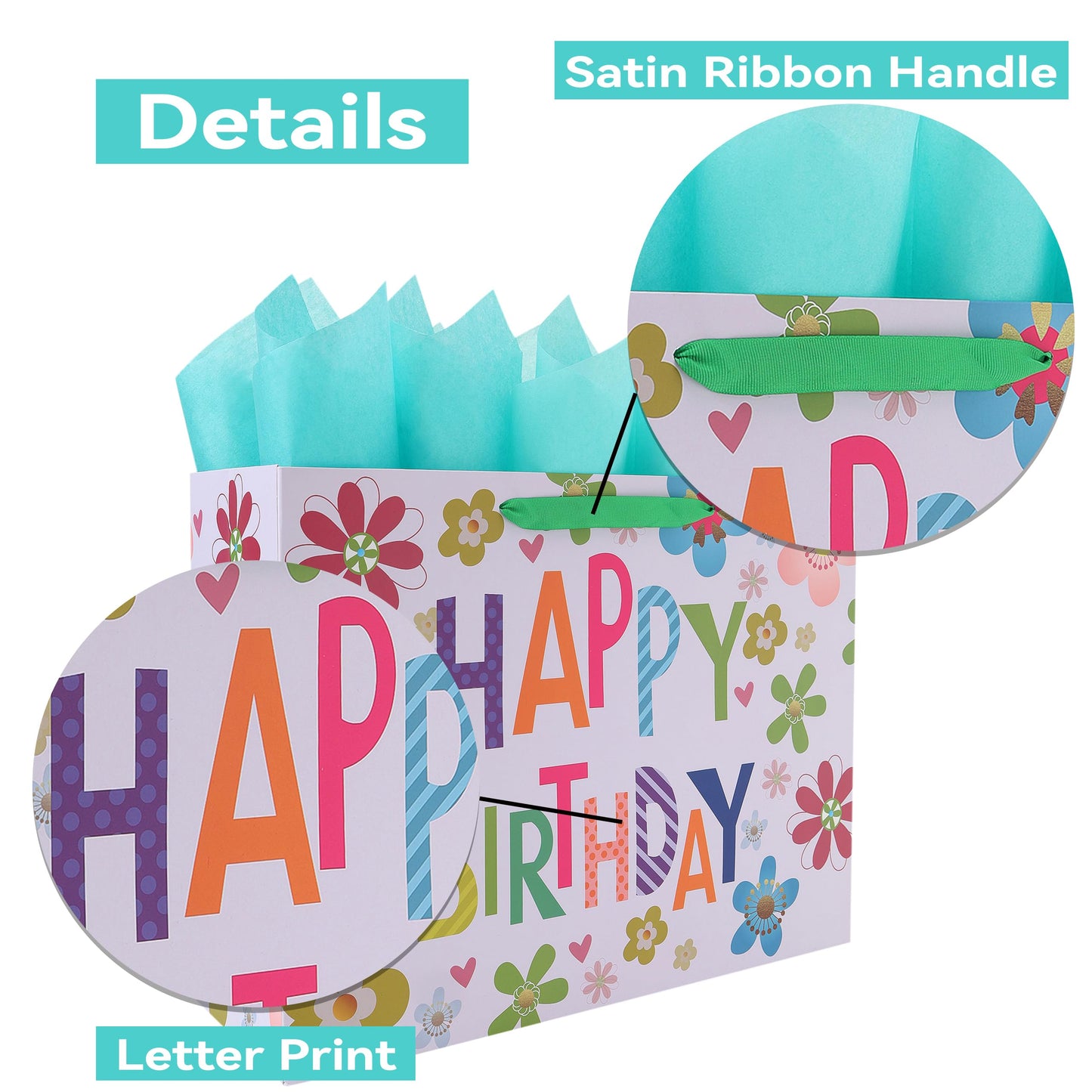 Qirrmiy 16.5” Extra Large Colorful Happy Birthday Gift Bag Set with Handles, Greeting Card, Tissue Papers and Stickers for Kids, Women, Girls, Newborn, New Moms or Parents, 1 Pcs