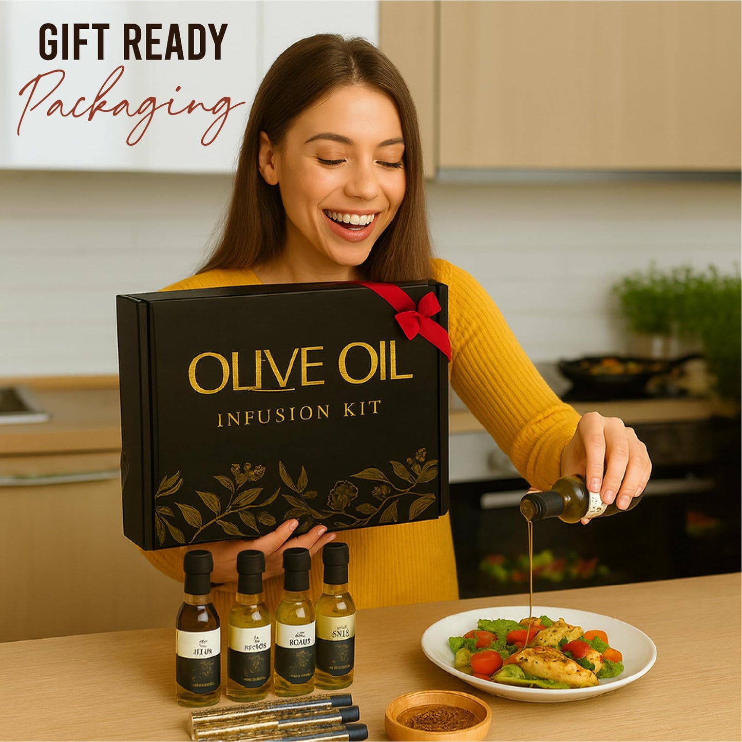 Infused Olive Oil Gift Set – Variety Pack - 4 Flavored Olive Oil Extra Virgin, 3 Spice Flavorful Infusion Blends, Bread Dipping Bowl & Recipe Booklet - Set of 8 – Gourmet Cooking Gifts for Women - Mothers Day Gifts For Mom