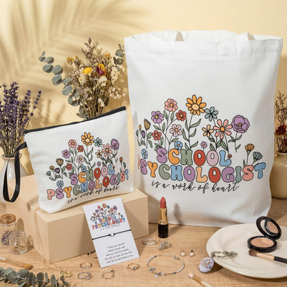 Sweetude 4 Pcs School Psychologist Gift Sets Includes Canvas Tote Bag, Heart Bracelet with Wish Card, Makeup Bag and Keychain Psychology Therapist Appreciation Gifts for Women Teachers Educators