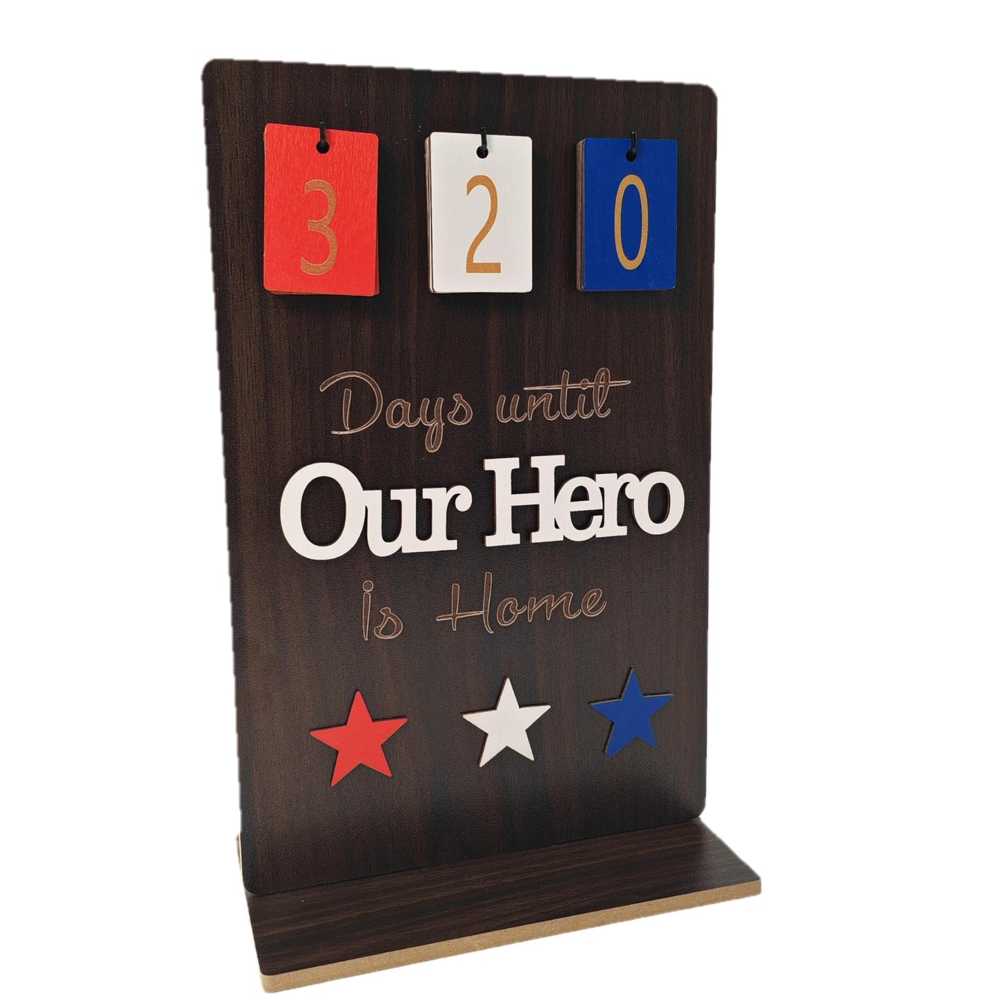 ACECARE Military Deployment Countdown Calendar – “Days Until Our Hero is Home” Wooden Sign with Flip Numbers | Patriotic Red White Blue Stars | Wooden Military Calendar, Homecoming Gift (Dark Brown)