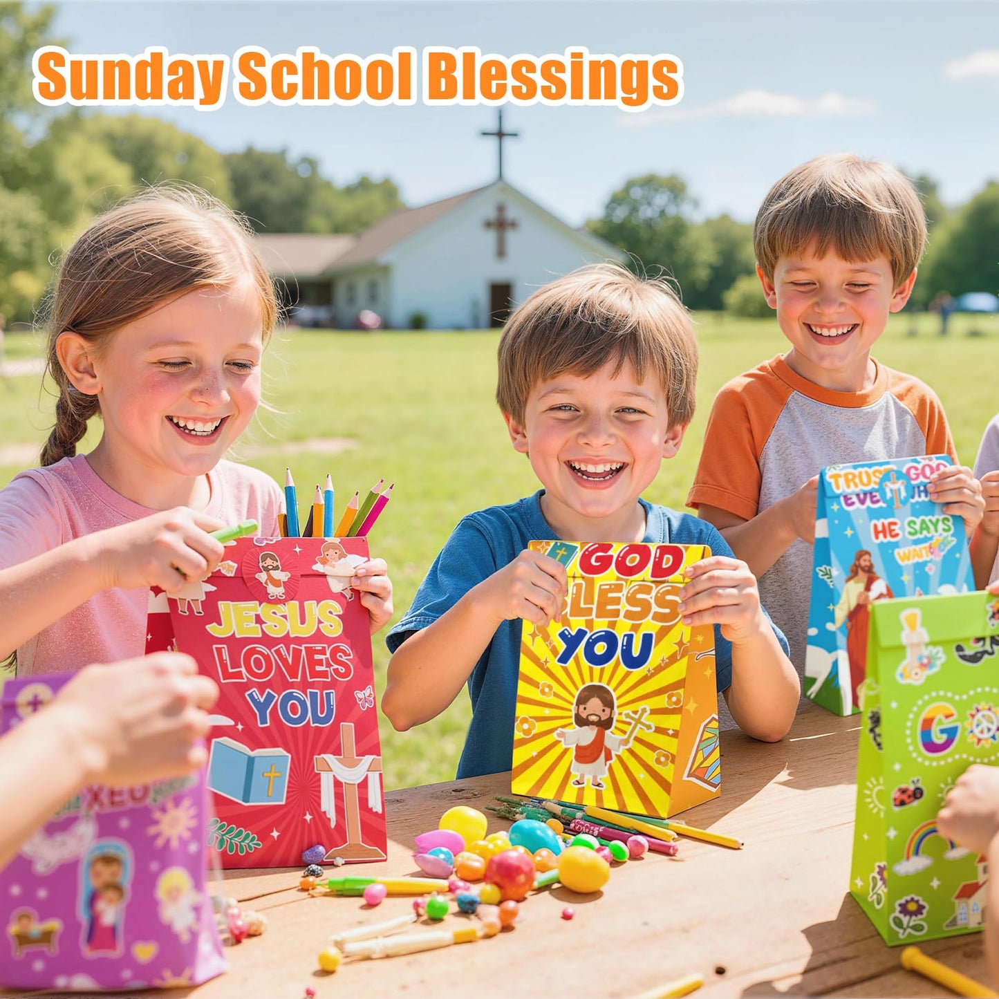 Elunpoe 32 Pack Christian Gift Bags, Bible wrap with Inspirational Stickers, Religious Goodie Bags, Sunday School Church Events Favor Paper Bag, Classroom Activities Decor, Faith Treat wrap for people Easter Christmas Baptism, 4.7" x 3.1" x 8.6"