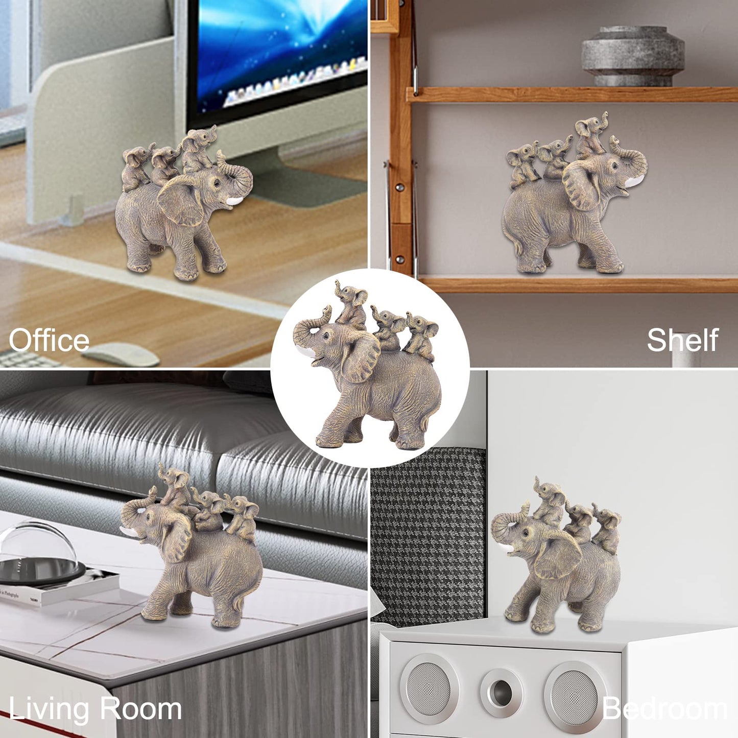 Cute Elephant Statue Home Décor Good Luck Elephant Carries Three Calves on Its Back Figurines Décor for Shelf Good Gifts for Women Decoration for Living Room, Bedroom, Office