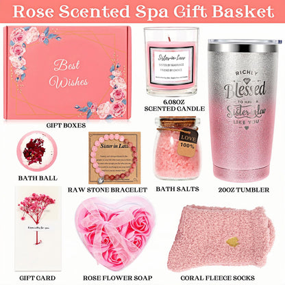 Sister in Law Gifts - Pink Gift Basket Set, Birthday, Christmas, Wedding, Spa Day, Best Gifts for Sister-in-Law, includes Coffee Mug