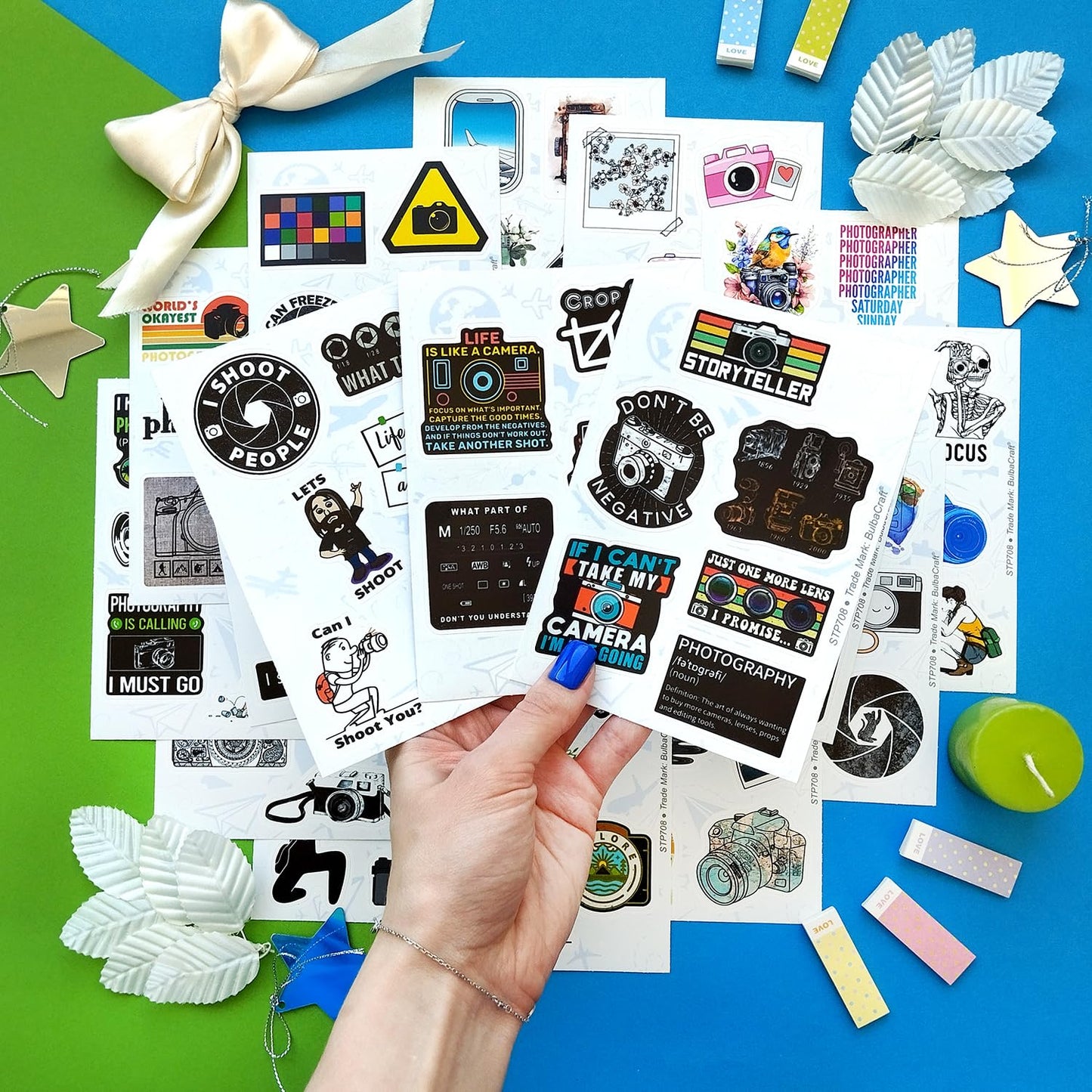 BulbaCraft 100Pcs Photography Stickers, Camera Stickers for Water Bottles, Laptop, Scrapbooking, Planners — Photographer Gifts Women, Camera Gifts for Photographers Women & Men