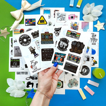 BulbaCraft 100Pcs Photography Stickers, Camera Stickers for Water Bottles, Laptop, Scrapbooking, Planners — Photographer Gifts Women, Camera Gifts for Photographers Women & Men