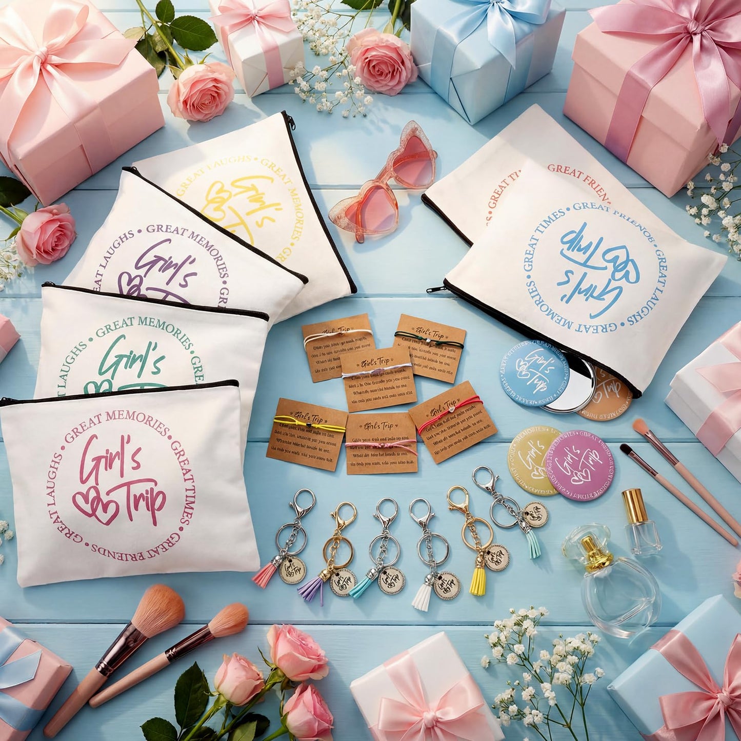 Liliaafar 24 Pcs Girls Trip Gift Favors 6 Makeup Bags 6 Keychains 6 Travel Mirrors 6 Getaway Bracelets Girls Weekend Cosmetic Pouch for Sisters Friends Bestie Bachelorette Party Supplies