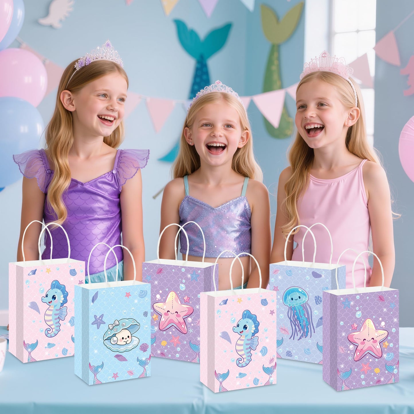 Pineraap 24Pcs Ocean Animals Party Favor Bags with Handles, Mermaid Gift Goodie Treat Paper Bags, Under the Sea Theme Gift Paper Bag for Girls Boys Kids Birthday, Mermaid Theme Party, Baby Shower