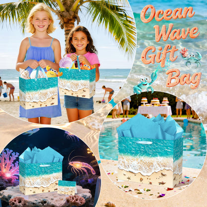 TagreSpike Beach Gift Bag with Tissue Paper and Card Summer Beach Goodie Candy Bags Seashell Blue Ocean Wave Summer Pool Party Favors Supplies for Holiday Birthday Wedding Luau Tropical Party