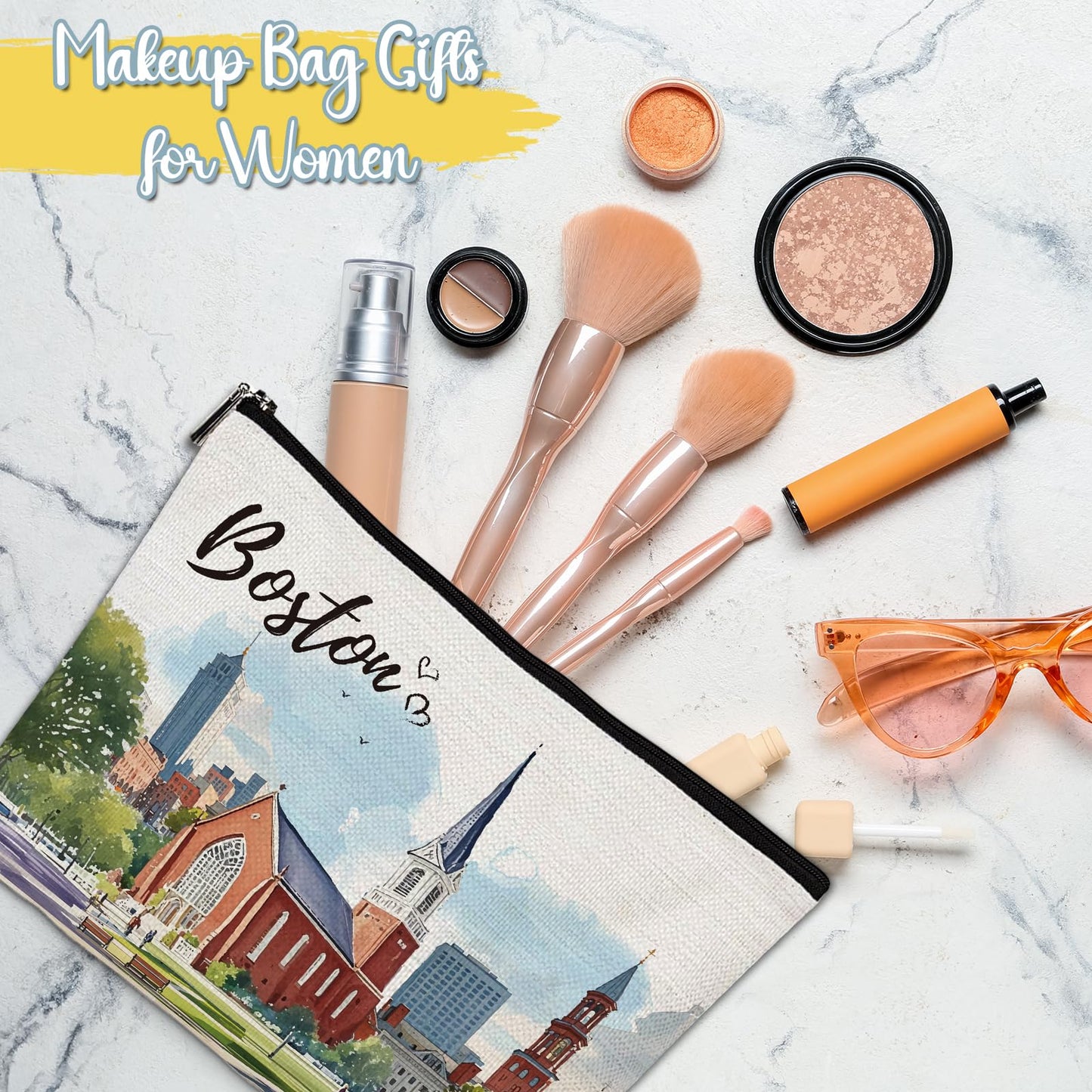 Boston Bag Souvenir Gifts - Boston City Travel Makeup Bag, Boston Theme Watercolor Cosmetic Bag, Boston Lovers Gifts, Massachusetts Gift for Women Girls Traveller