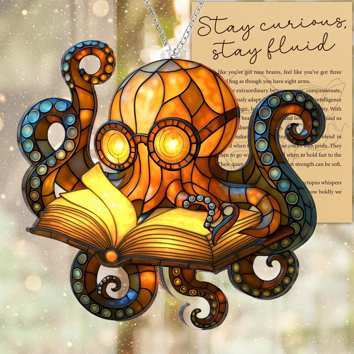 Octopus Reading Acrylic Ornament for Christmas Decorations, Beach Christmas Ornament, Ocean Themed Gift for Ocean Lovers, Octopus Gifts for Women, Last Minute Xmas Gifts