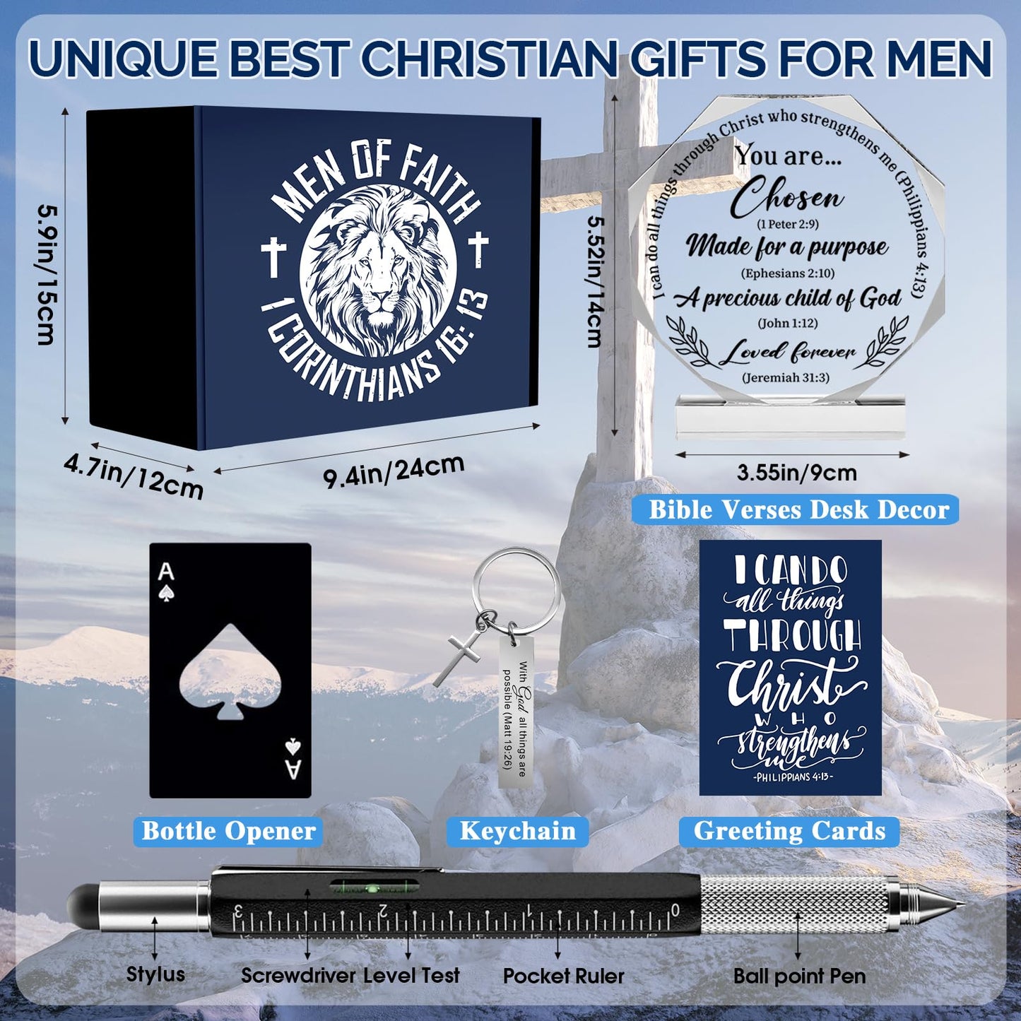 10 Pcs Christian Gifts for Men Faith, Inspirational Religious Gifts, Catholic Gift with 20 Oz Tumbler Bible Verses Crystal Plaque Hat Socks Bracelet Keychain for Husband, Dad, Grandpa, Friends