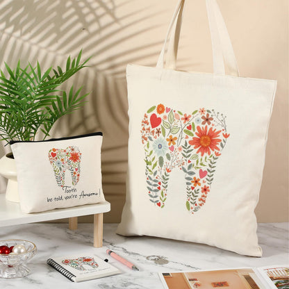 Kinlop 5 Pcs Floral Tooth Dental Gift Set for Women Include Tote Bag Canvas Cosmetic Bag Coil Notebook Keychain and Ballpoint Pen for Women Girls