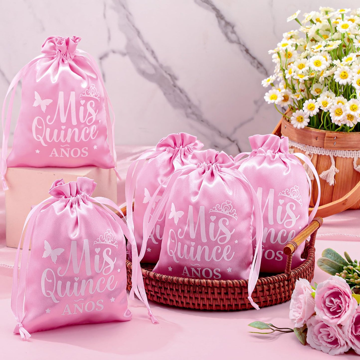 Sweetude 25 Pcs Quinceanera Party Gift Bags for Guests Sweet 15 Años Quinceañeras Silk Satin Gift Candy Bags with Drawstring for Mis Quince Birthday Decoration(Pink)