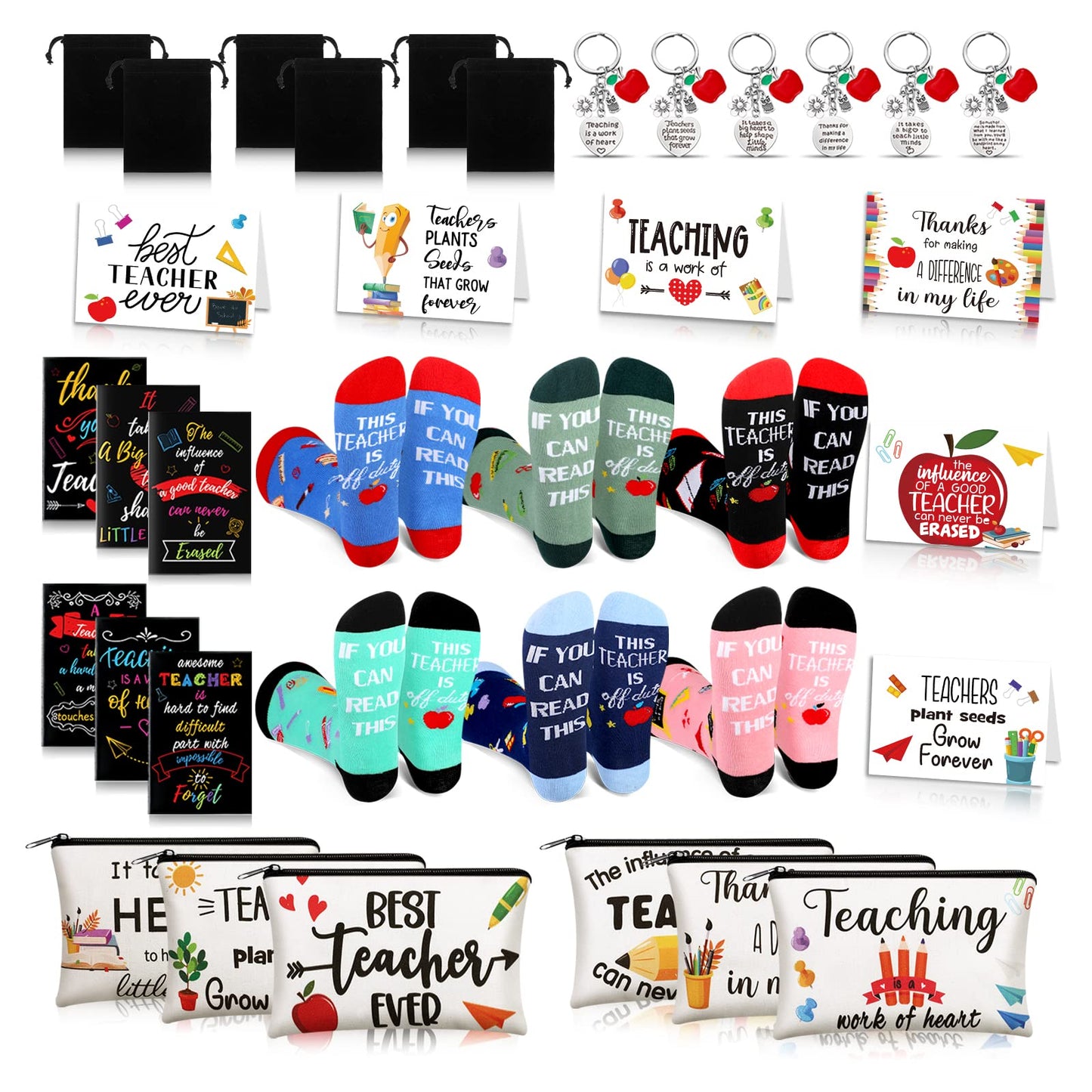 Eaasty 36 Sets Teacher Graduation Gifts Bulk Makeup Pouch Cosmetic Pencil Bag Keychains Inspirational Notebooks Cards and Socks for Teacher Appreciation Graduation Gifts