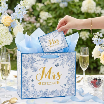 Woosytoo EST 2026 Mrs Bride Gift Bag Blue Bridal Shower Gift Bag with Tissue Paper and Card Mrs 2026 Wedding Gift Bag for Butterfly Bridal Shower Bachelorette Party Engagement Decor Supplies