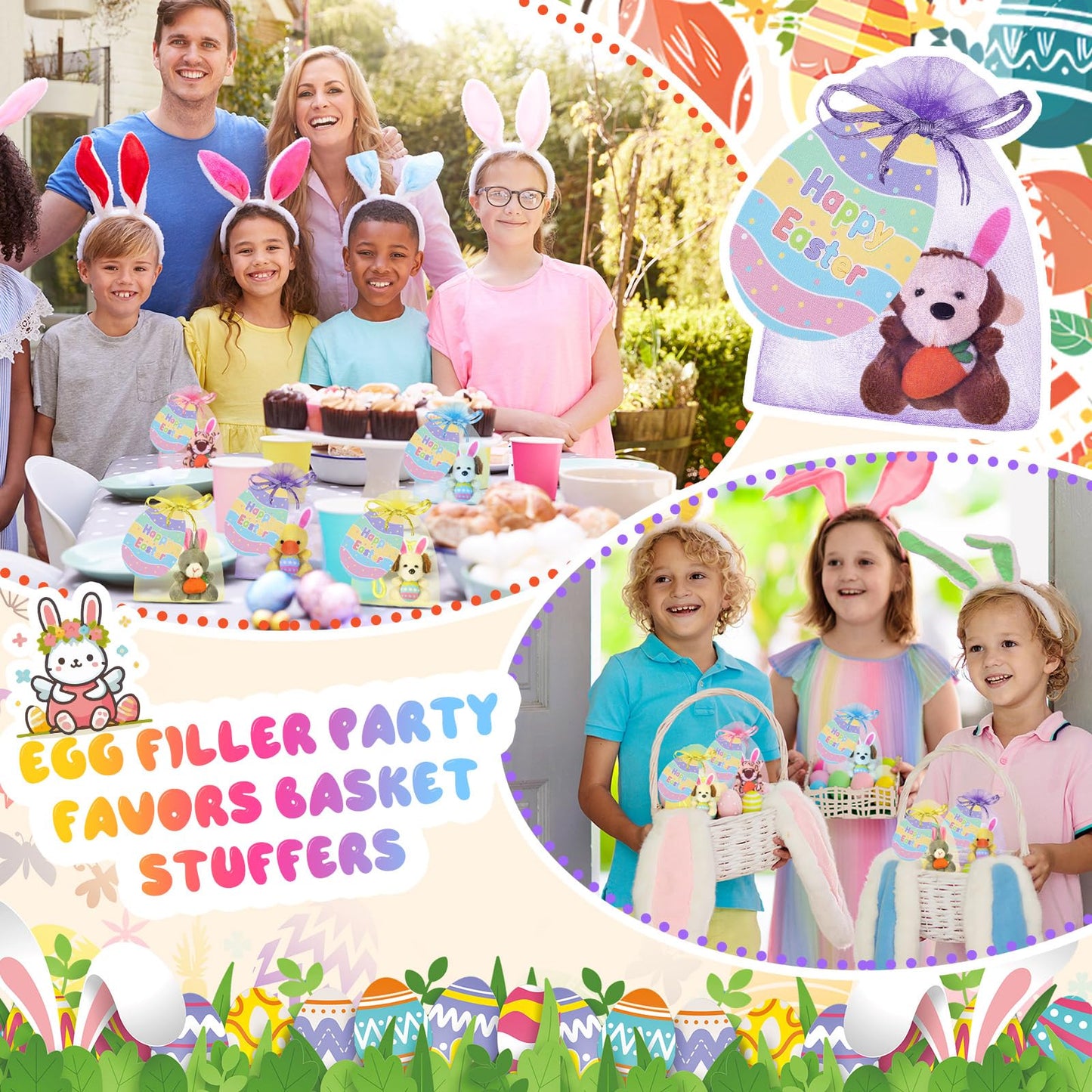 Wiwiqing 36 Pcs/12 Set Easter Mini Stuffed Animals Gift Set 12 Plush Animal Keychains 12 Cards 12 Bags for Easter Egg Hunt Fillers Basket Stuffers Classroom Exchange Gifts Party Favors
