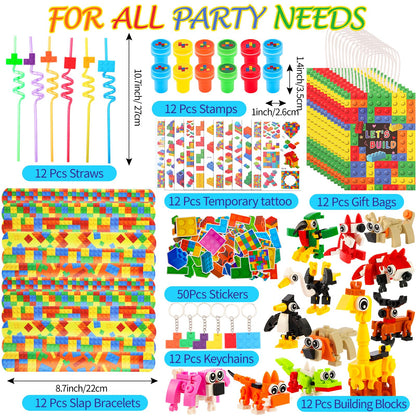 LiYiQ 134 Pcs Building Blocks Party Favors with Reusable Drinking Straws Animal Building Blocks Slap Bracelets Keychains Stamps Stickers and Gift Bags Gamer Birthday Party Supplies (Building)