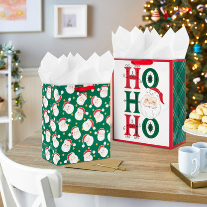 Hallmark Retro Christmas Gift Bag Bundle for Kids (2 Bags: 13" Large, 15" Extra Large) Vintage Santa, Ho Ho Ho, Green, Red and White
