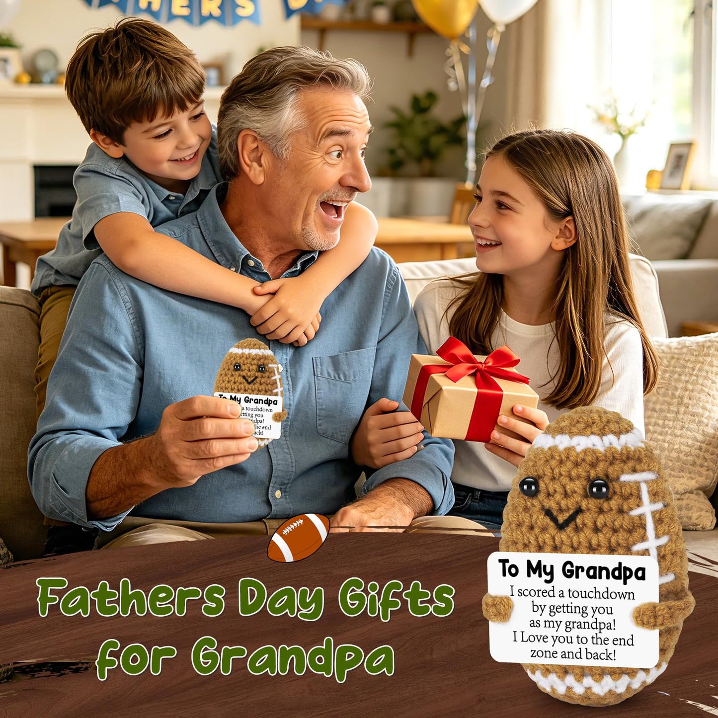 Mini Funny Grandpa Fathers Day Birthday Gifts from Grandkids, Handmade Crochet Football Grandpa Gifts from Granddaughter Grandson Cute Decor, Great Grandfather Grandparents Present for Father's Day