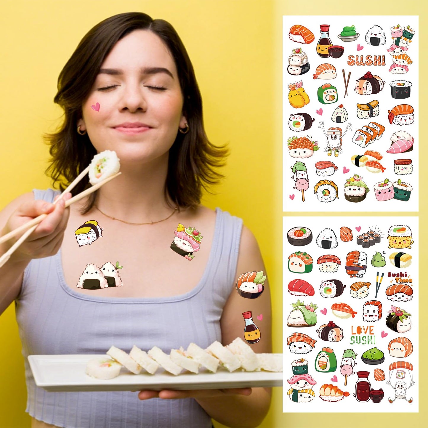 Sushi Temporary Tattoos Stickers, Japanese Theme Tattoo Stickers for Kids, Birthday Party Favors Goodie Bag Fillers Supplies Decorations, Classroom School Prizes Rewards Gifts(6 Sheets)