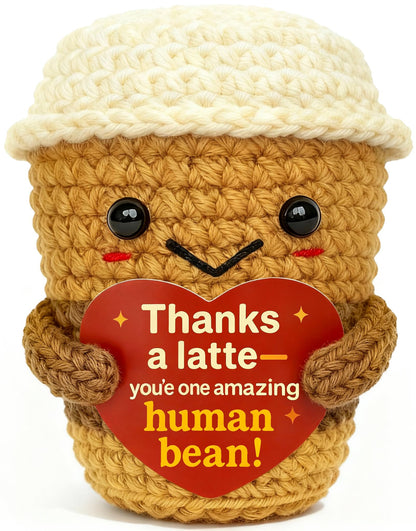 Thank You & Appreciation Gift for Women Men, Coworkers, Teachers, Friends – Cute Handmade Crochet “Thanks a Latte” Coffee Cup Plush for Coffee Lovers