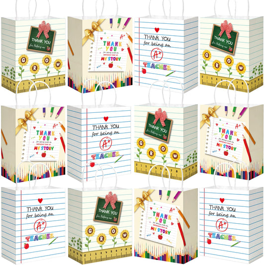 BDDYYI 12 Pcs Teacher Appreciation Gift Bags Bulk Small Thank You Treats Tote Bags with Tissue Paper and Handles for Back to School End of Year Graduation Teachers' Day Classroom Party Supplies