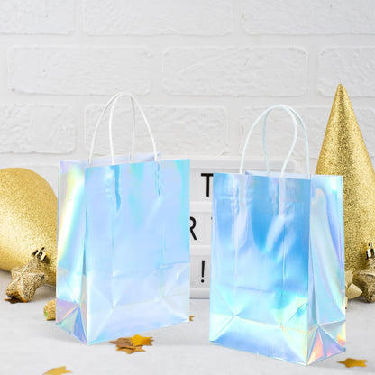 BLEWINDZ 32Pcs Small Paper Gift Bags with Tissues, Iridescent Party Favor Bags with Handles, Holographic Silver Gift Bag for Wedding Baby Shower Birthday Party Supplies