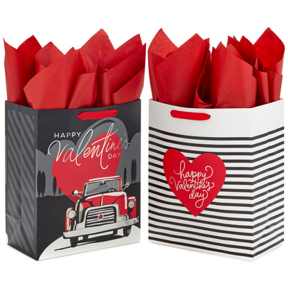 Hallmark 13" Large Valentine's Day Gift Bags With Tissue Paper (Stripes and Red Truck 2-Pack)