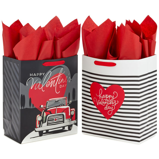 Hallmark 13" Large Valentine's Day Gift Bags With Tissue Paper (Stripes and Red Truck 2-Pack)