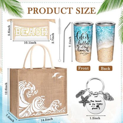 6 Pcs Beach Gifts for Women Set Beach Theme Gift Set Burlap Tote Bags Cosmetic Bag 20 oz Tumbler Keychain for Birthday Holiday Travel Wedding Bridal Shower Bride Bridesmaid Honeymoon(Classic)