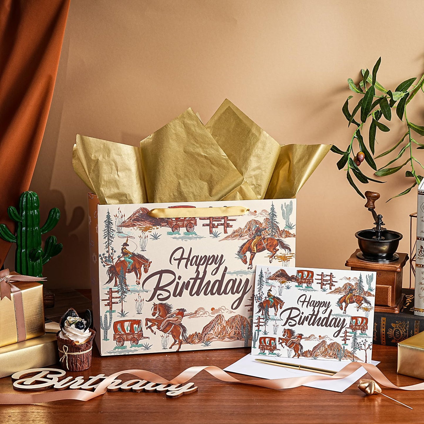 WRAPAHOLIC 13" Cowboy Birthday Gift Bags with Tissue Paper and Card - Brown Cowboy Theme Paper Bags for Men Birthday Western Theme Party Rodeo Stuffer