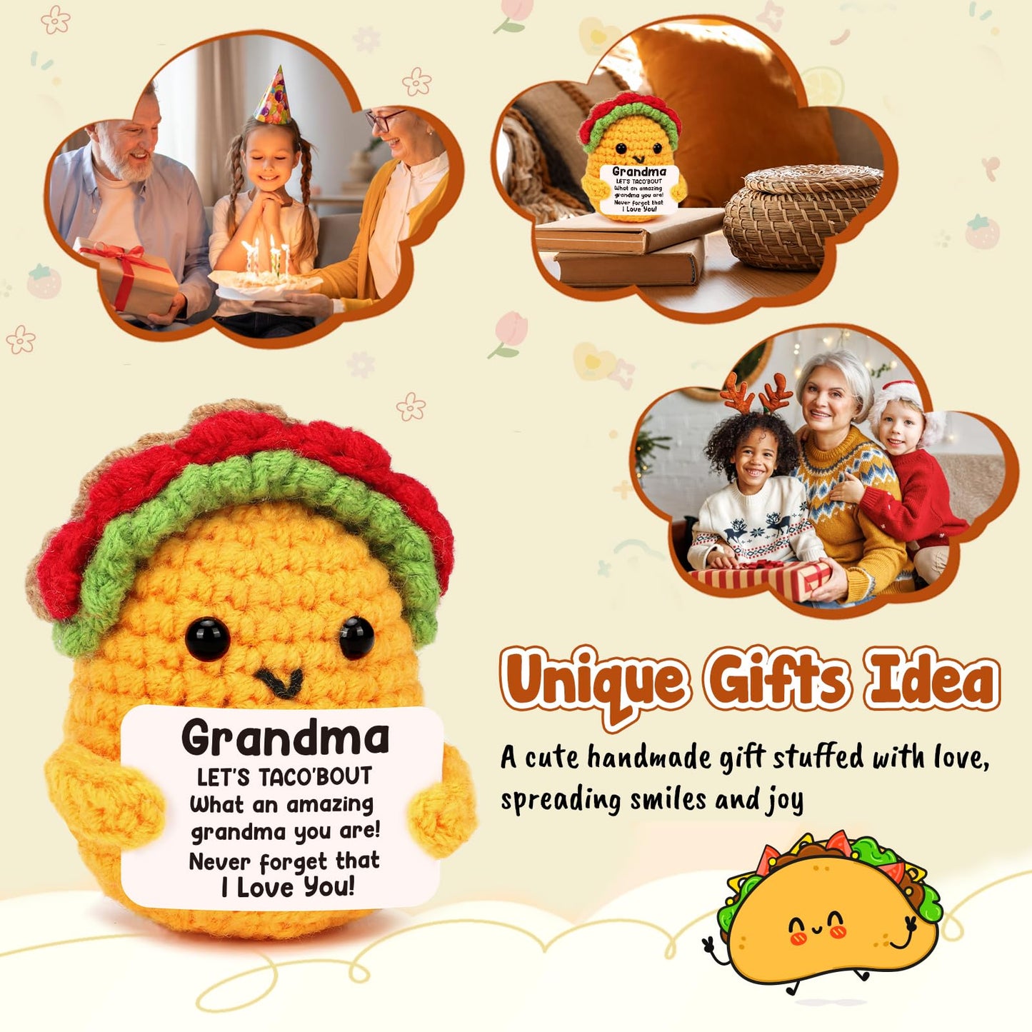 LuoHere Grandma Gifts Mothers Day Birthday Gifts for Grandmother from Grandkids, Gigi Gift for Great Best Grandma Ever Mothers Day Christmas Funny Granny Grandparents Mimi Nana Handmade Crochet Taco