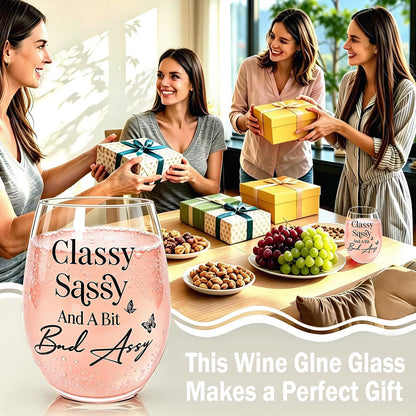 Funny Gifts for Women – 15oz Sassy Stemless Wine Glass, Hilarious Birthday Present for Friend Sister Coworker Neighbor Girlfriend, Novelty White Elephant Gag Gift for Adults