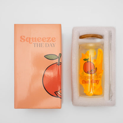 The Love Crate Co. Orange Gifts for Women - Glass Tumbler with Lid and Straw, Customized Straw Stopper and Cup Sleeve. Aesthetic Unique Design Iced Coffee Gift Cup for Mom, Teacher, Friend