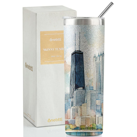 Onebttl Chicago City Skyline Gifts for Chicago Lovers, Skyline Map 20oz Stainless Steel Tumblers with Lids and Straws, Perfect for Birthday & Christmas