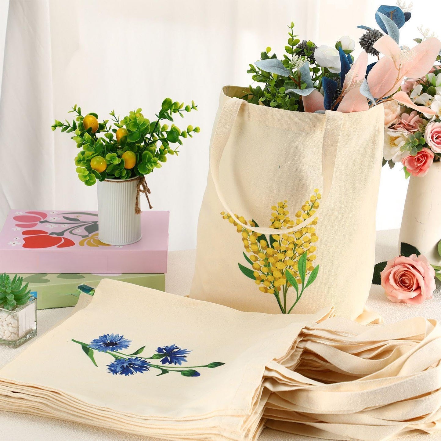 Shinylin 12 Pcs Floral Canvas Tote Bags Bulk Reusable Flower Tote Bags Book Club Gift Totes for Birthday Teacher Mother Women Gift (12 Classic Flowers)