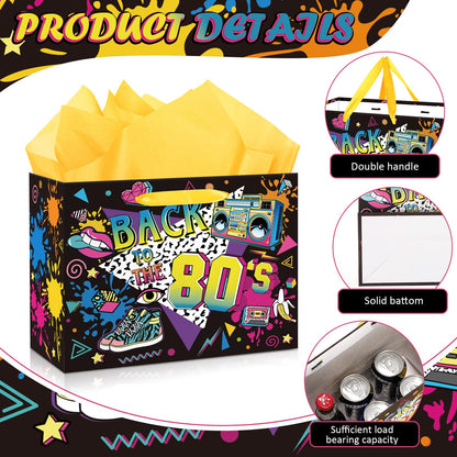80s Birthday Gift Bag for Men Women, Retro 1980s Themed Party Favor Bags with Tissue Paper Greeting Card Back to The 80s Wrapping Paper Bag for Neon Hip Hop Rock Hippie Christmas Party Favor Supplies