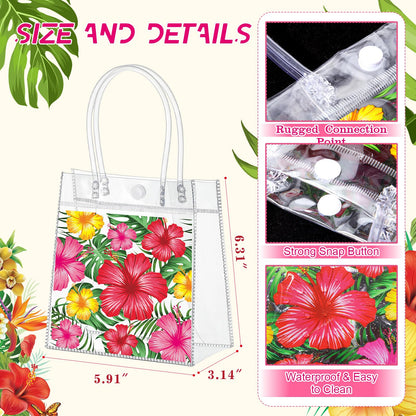 Kolldenn 12 Pcs Hawaiian Day Clear Gift Bags Hibiscus Luau Gift Bags with Handle Floral Tote Goodie Handbags for Summer Beach Pool Birthday Bridal Shower Party Favors, 6.31 x 5.91 x 3.15 Inch