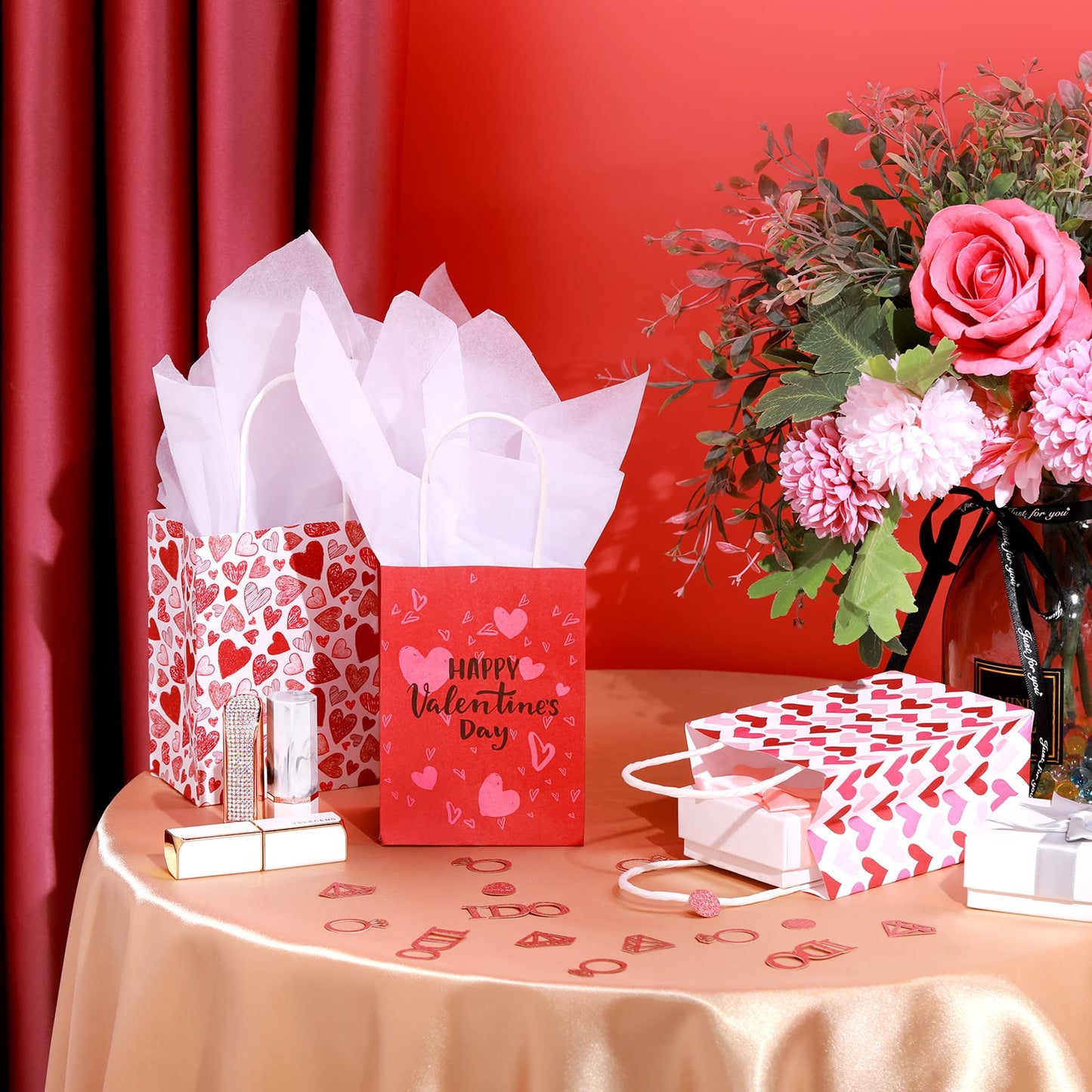 Spakon 8 Pcs Valentines Day Gift Bags Valentines Paper Gift Bags with Handles Bag for Cards, Galentines, Teacher Present, Classroom Party, Wedding Birthday Party Favor (5.5 x 4 x 2.75 Inch)
