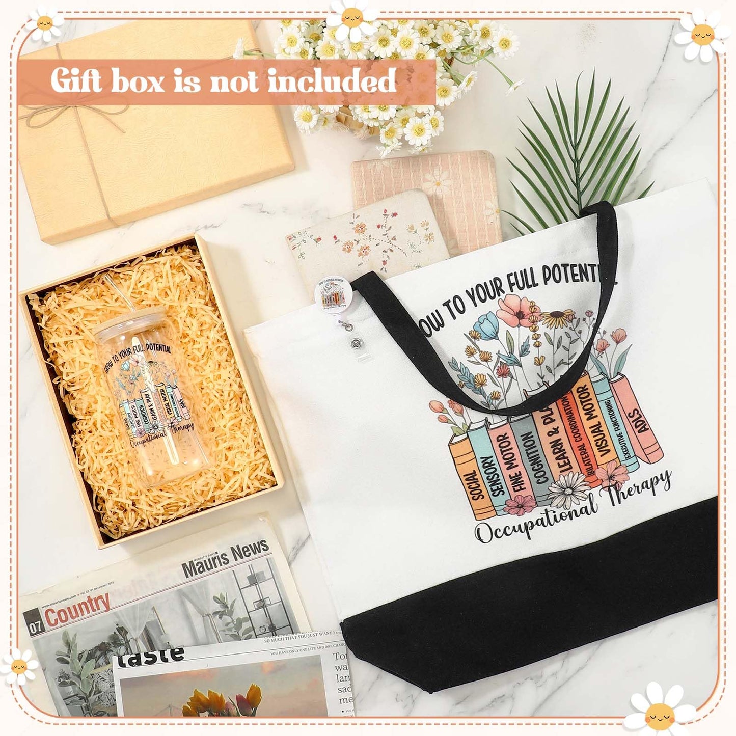 Vesici 3 Pcs Occupational Therapist Appreciation Gifts for Women, 16 oz Glass Cup Large Canvas Tote Bag with Retractable Badge Reel Occupational Therapist Week Gifts