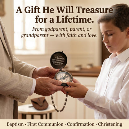Baptism Gifts for Boys – Confirmation & First Communion Compass Gift – Catholic Christian Brass Pocket Compass with Scripture – Religious Keepsake for Christening – Gift for Godson, Son, or Grandson