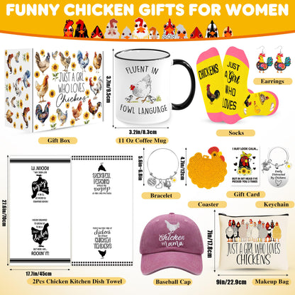 Chicken Gifts, Chicken Lover Gifts for Women, Funny Chicken Stuff with 11 Oz Coffee Mug Coaster Hat Socks Makeup Bag 2 Chicken Kitchen Towel Bracelet Keychain, Chicken Lady Birthday Chirstmas Gift