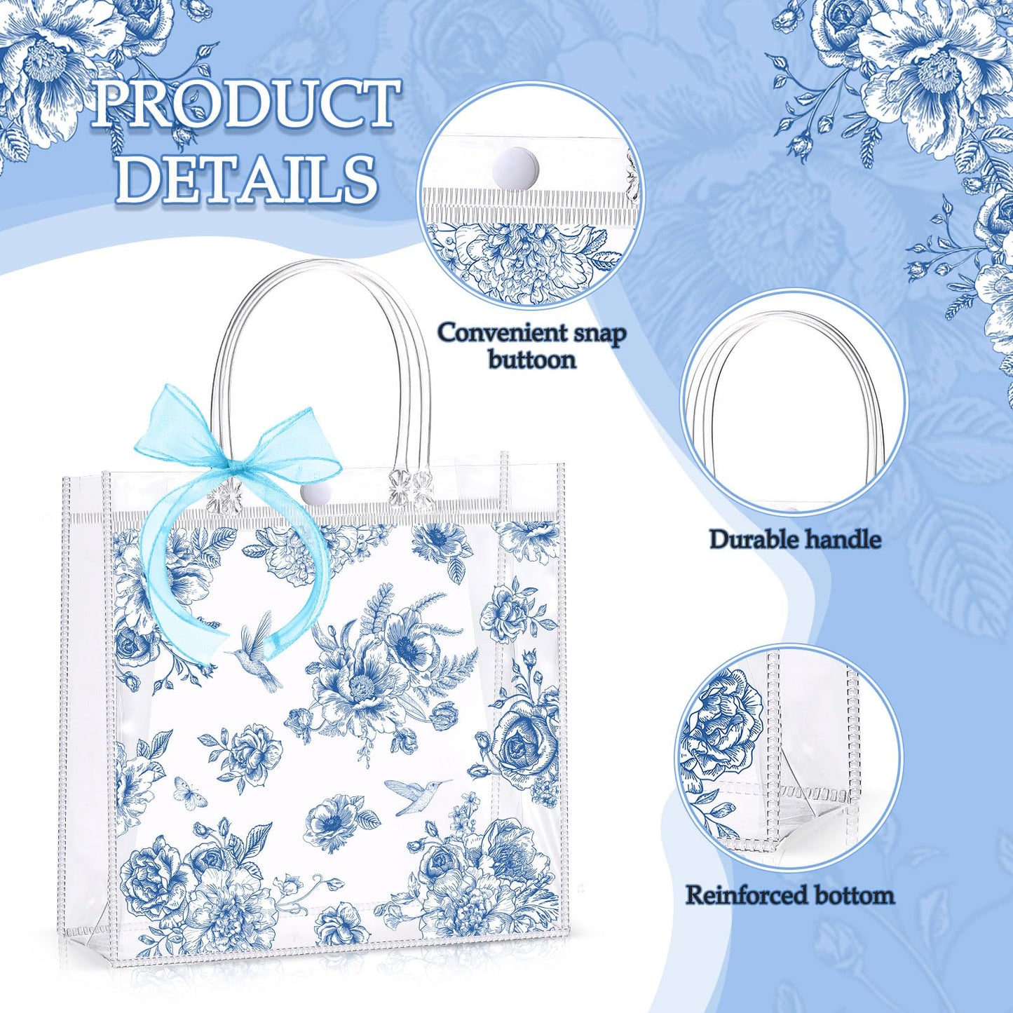 Hosuly 24 Pcs Blue Floral PVC Gift Bags with Bow Ribbon Clear Vintage Chinoiserie Flower Bags Blue Wildflower Goodie Handbags for Wedding Bridal Shower Birthday Party Supplies, 7.9 x 7.9 x 3.1 Inch