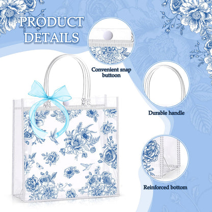 Hosuly 24 Pcs Blue Floral PVC Gift Bags with Bow Ribbon Clear Vintage Chinoiserie Flower Bags Blue Wildflower Goodie Handbags for Wedding Bridal Shower Birthday Party Supplies, 7.9 x 7.9 x 3.1 Inch