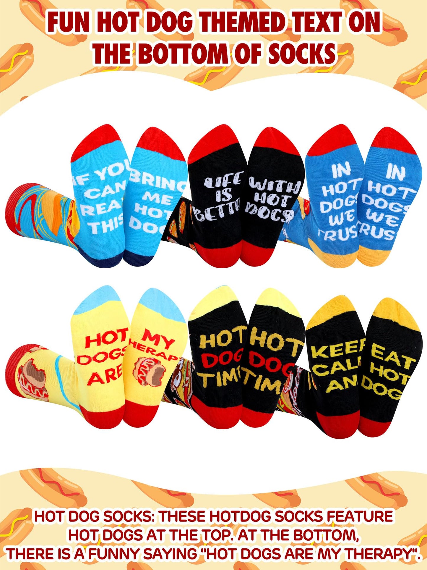 Haysandy 6 Pairs Funny Food Socks for Men Novelty Snack Lover Gift Crazy Design Socks for Pepper Bacon Hot Dogs Burger Pizza
