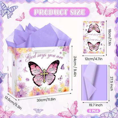 Butterfly Christian Baptism Gift Bag for Girls Women Purple Floral Religious Communion Gift Bags Wrapping Paper Card Flower Butterfly Cross Christening Confirmation Favor Bag Bible Verse Birthday Baby Shower Party Supplies Decor