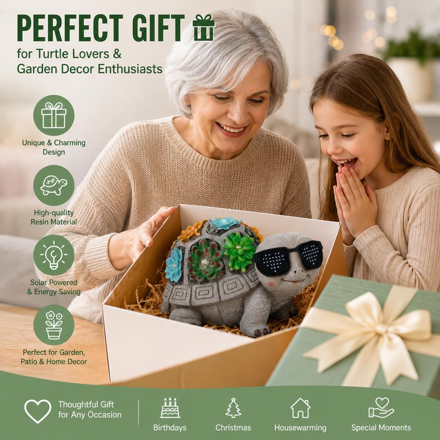 Unique Solar Garden Turtle Statue with I Love You LED Sunglasses and Succulent LED Lights, Lawn Decor Tortoise Figurine for Patio, Balcony Yard Ornament for Mom, Women & Grandma